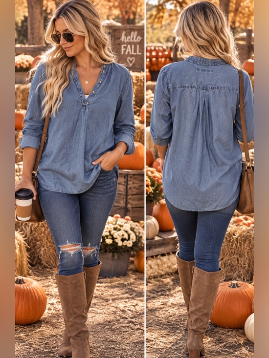 Michael Kors Tops - Michael Kors Chambray Denim Long Sleeve Tunic Blouse Blue Size L